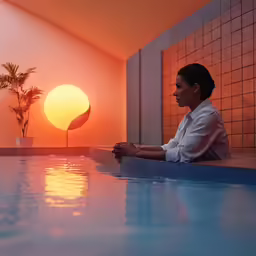 a woman sitting in a large pool at sunset