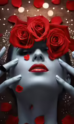 woman with red roses on her head next to candles