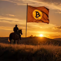 a person is riding a horse holding a flag with bitcoin on it
