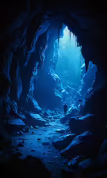 the man is standing inside of a cave