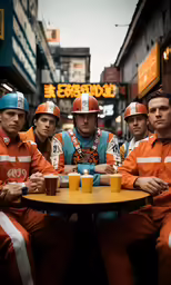four men in orange prison uniforms, sitting at a table
