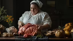 woman at table with variety of foods in kitchen