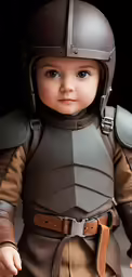 a baby with a helmet on posing for the camera