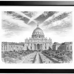 black and white photo of large building near cloudy sky