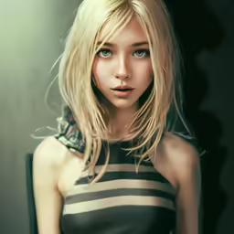 a young blond girl wearing black and white shirt