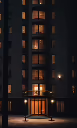 the building is lit up at night by some lamps