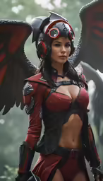 an overwatching female with an interesting head armor and red bird wings
