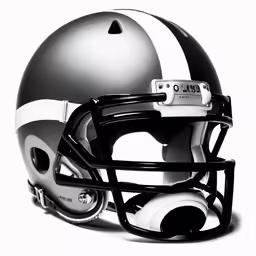 the front view of a football helmet with a white and grey stripes