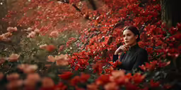 a woman standing in a forest filled with flowers