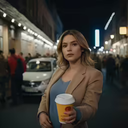 a pregnant woman is holding her coffee cup while walking in an alleyway