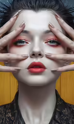 a woman in black shirt holding her hands on her face