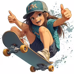 the girl is riding a skateboard as she gives the thumbs up