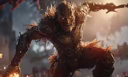 an image of a man in armor standing by a fire