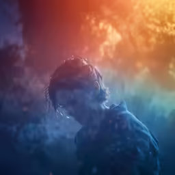 there is a woman standing in the mist staring
