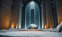 an outside view of a building with snow and an umbrella