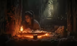 a woman sits by a small fire with candles