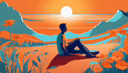 a person sitting in the middle of flowers on a sandy beach,a person sitting on a red rock with flowers and rocks in the background