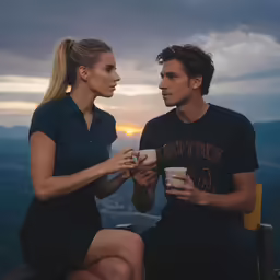 the young man and woman are enjoying drinks