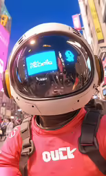 the front of a helmet in front of a city