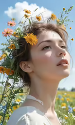 a woman with a field full of flowers in her hair