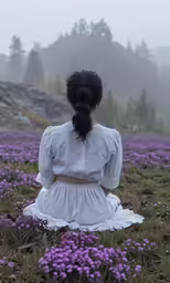 a woman with ponytails is sitting in a field