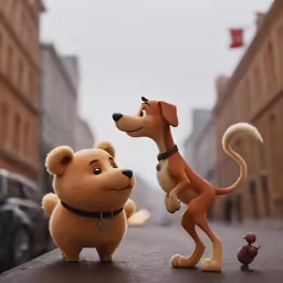 the two stuffed dogs are standing on a sidewalk