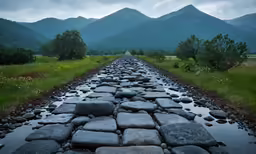 a bunch of rocks are sitting in the middle of a road