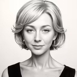 a black and white photo of a blonde woman with shoulder length hair