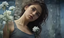 a girl with long hair, and flowers near her neck