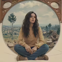 a woman sitting in a spot with one leg crossed