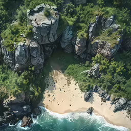 this is an aerial view of a beach in the rocks