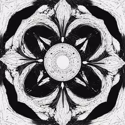 a black and white drawing of an abstract flower,the circular shape is drawn in white and black
