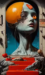 a painting of a person wearing orange eyeballs