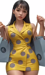 an asian woman in a polka dot dress holding shopping bags