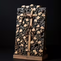 a unique carved wooden cross decorated with skulls