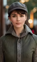 an image of a woman with brown eyes and a gray cap