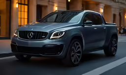 the front view of a grey mercedes suv driving down a city street