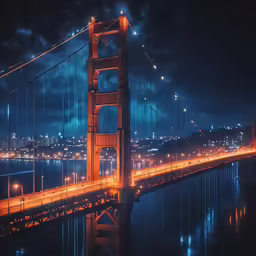the golden gate bridge lit up at night