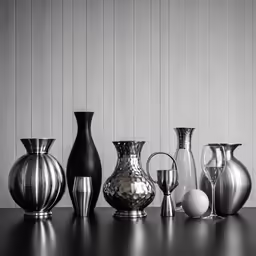 a large group of silver and black vases