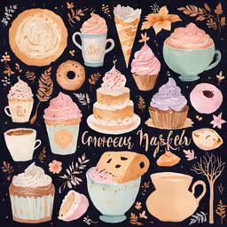 an illustration of some assorted pastries,a poster with various types of desserts
