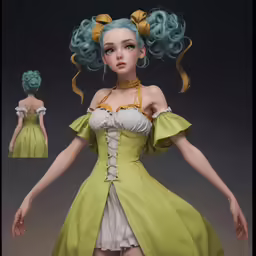 a woman is dressed in green and yellow, but is wearing very long hair