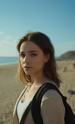 a young lady standing on a beach looking into the distance