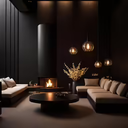 the room is decorated with black and beige colors