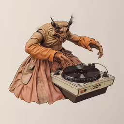 a painting of a devil dancing around a turntable