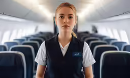 a female airliner stands on the airplane aisle with empty seats