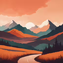 a colorful painting of mountains and grass on an orange sunset,a painting of a winding road with mountain ranges in the background