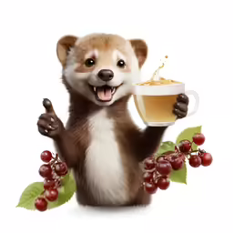 a ferret holding a mug and posing for a picture
