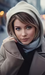 a woman wearing a gray coat and scarf