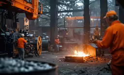a man in an orange jacket lighting a fire pit