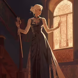 an image of woman in evening dress holding a scept with long hair,a woman in a black gown standing next to a set of stairs